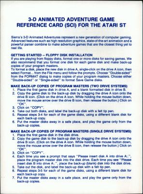 3-D ANIMATED ADVENTURE GAME REFERENCE CARD (SCI) FOR THE ATARI ST